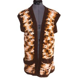 Vintage 70s Handmade Crochet Sweater Vest Brown Boho Hippie B-38 S/M